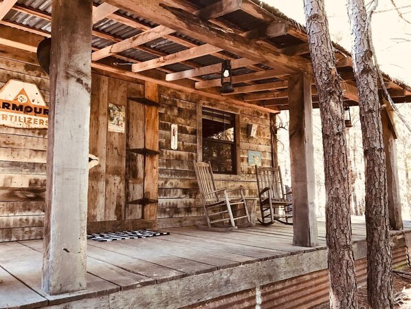 A rustic wooden cabin with a porch, rocking chairs, and a visible sign for Armour Pestilizers.