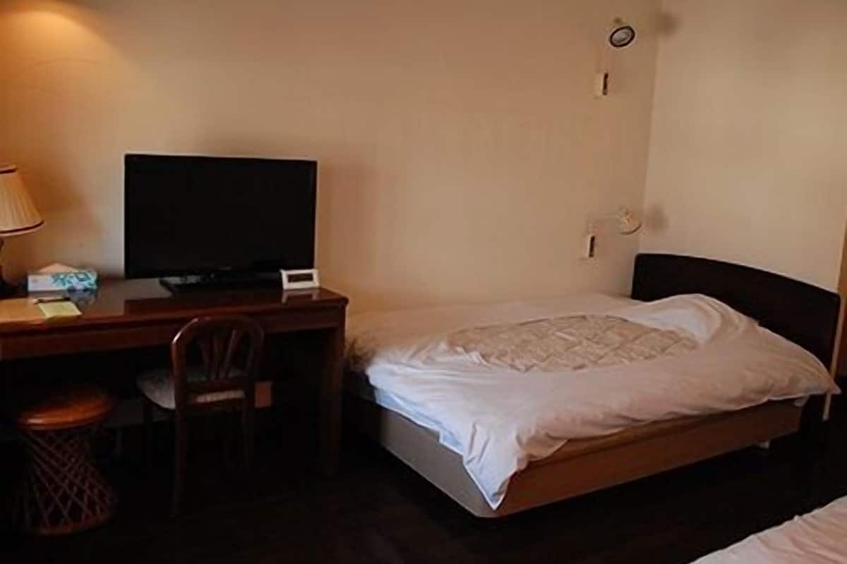 Ein Hotelzimmer mit einem Bett, einem Schreibtisch mit Fernseher, einem Sessel und einem Mülleimer.