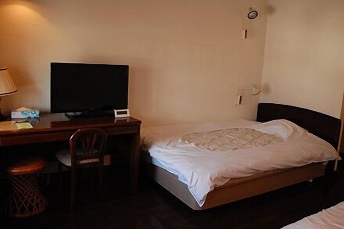 Une chambre d’hôtel comprenant un lit, un bureau avec une télévision, une chaise et une poubelle.