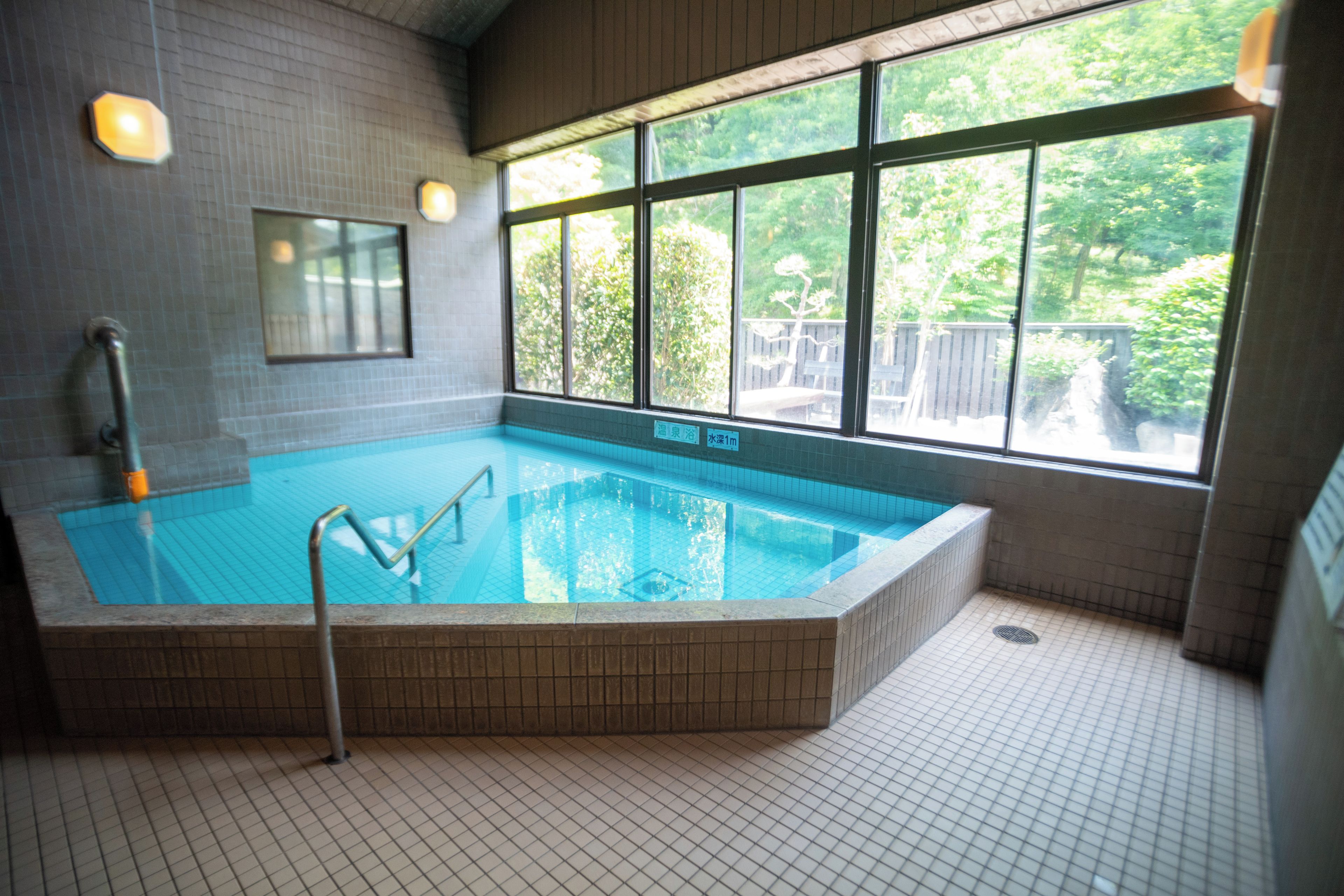 A swimming pool with a tiled floor, a metal ladder, and a window with a view of greenery outside.