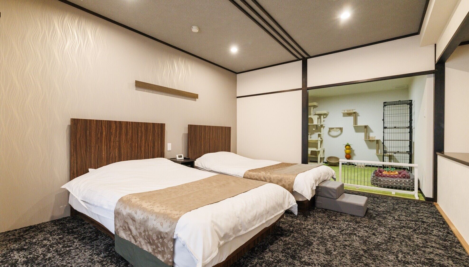 A hotel room with two beds, a large mirror, a pet area, and a view of the outside.