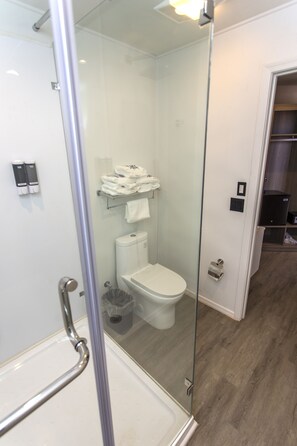 Shower, rainfall showerhead, free toiletries, hair dryer