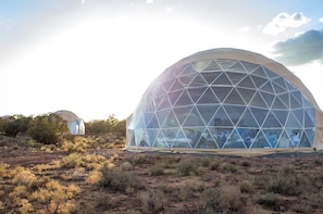 A geodesic dome structure with a clear geometric pattern, situated in a dry, bushy landscape.