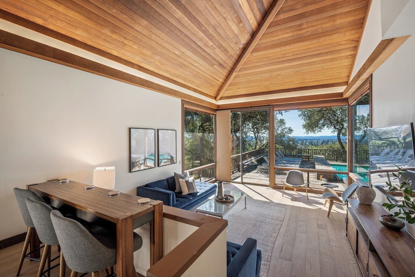 Smart TV, fireplace, books, offices