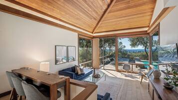 Smart TV, fireplace, books, offices