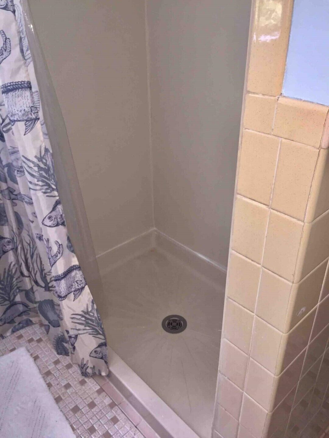 A shower area with a tiled wall, a drain, and a shower curtain with a marine design.