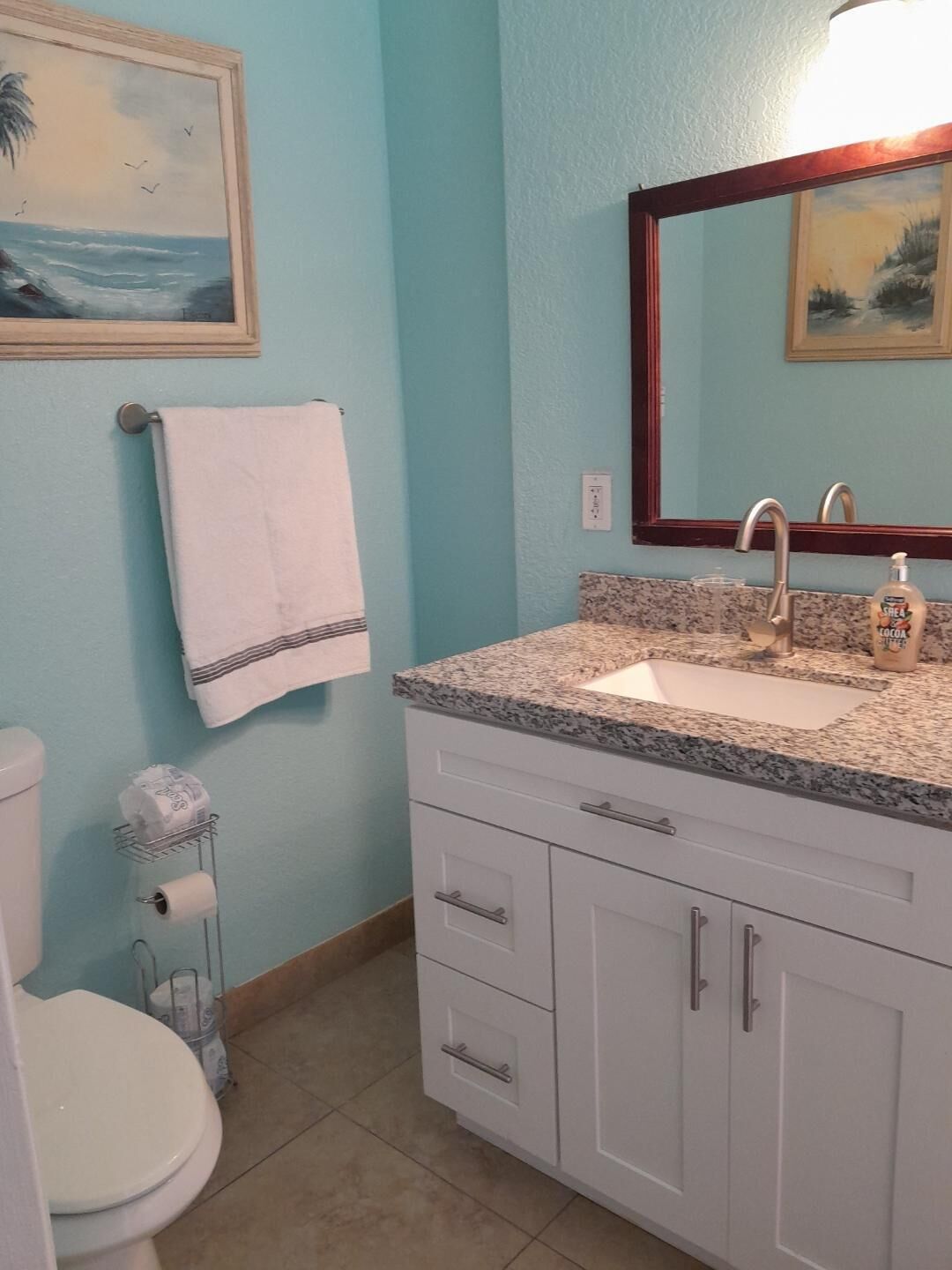 A bathroom with a white sink, granite countertop, and a large mirror. There is a towel hanging on the wall and a toilet with a paper towel holder.