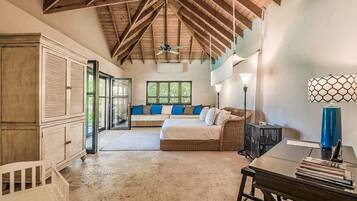 TV connectée, cheminée, table de tennis de table, livres