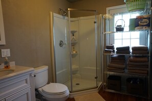 Bathroom features a glass-enclosed shower, toilet, and sink with a soap dispenser.