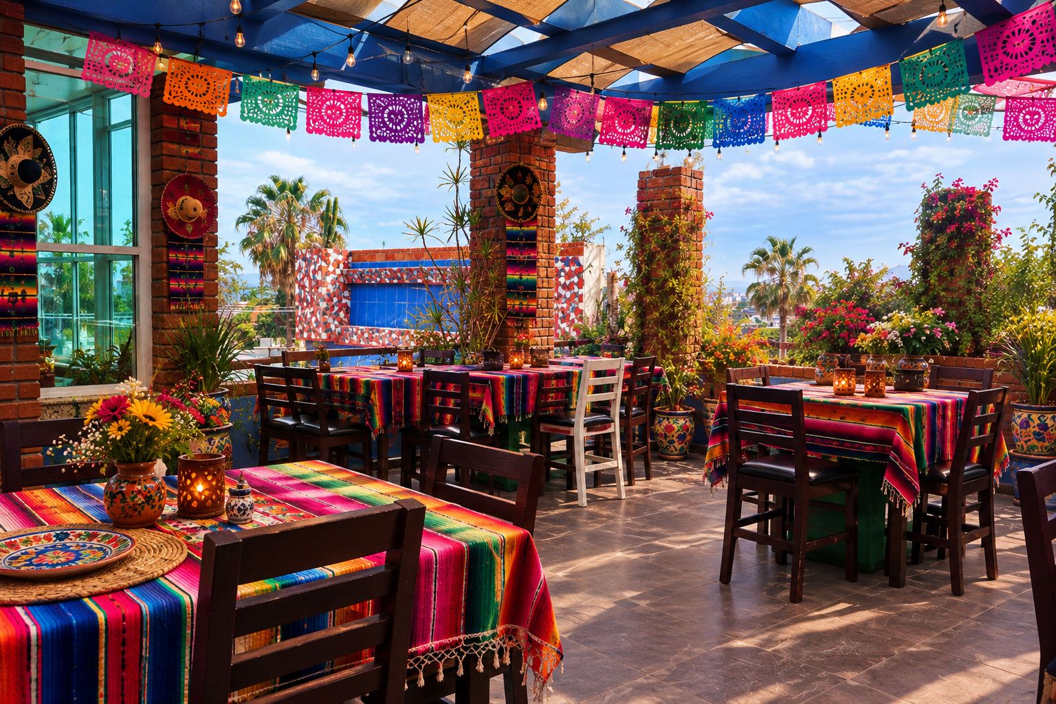 Un espace de restauration en plein air avec des tables recouvertes de nappes colorées, entouré de murs en briques et de plantes en pot.