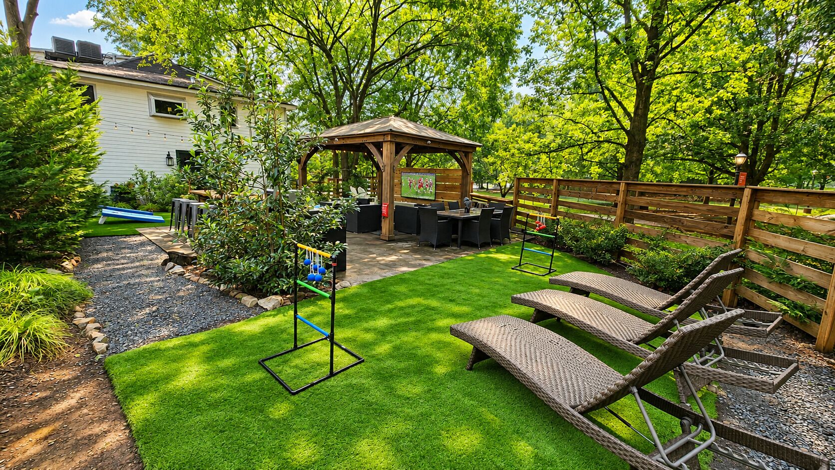 Un jardin avec une pergola en bois, un espace salon extérieur et une structure de jeux pour enfants.