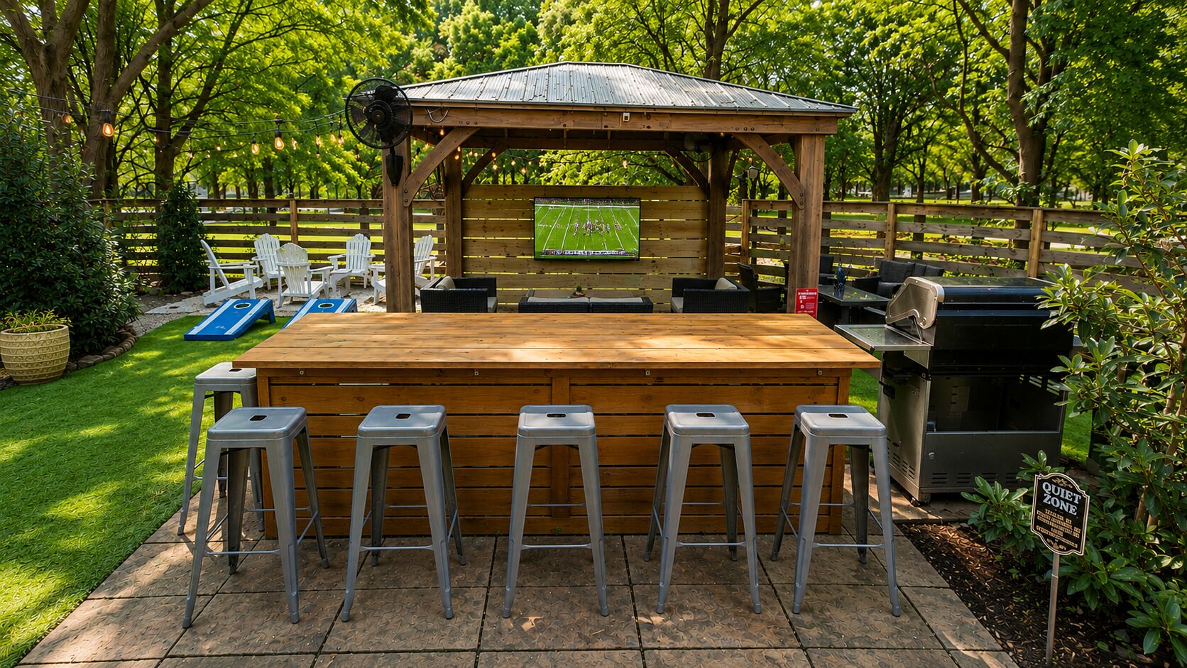 Un'area bar all'aperto con un tavolo di legno, cinque sgabelli da bar, una griglia e uno schermo televisivo.