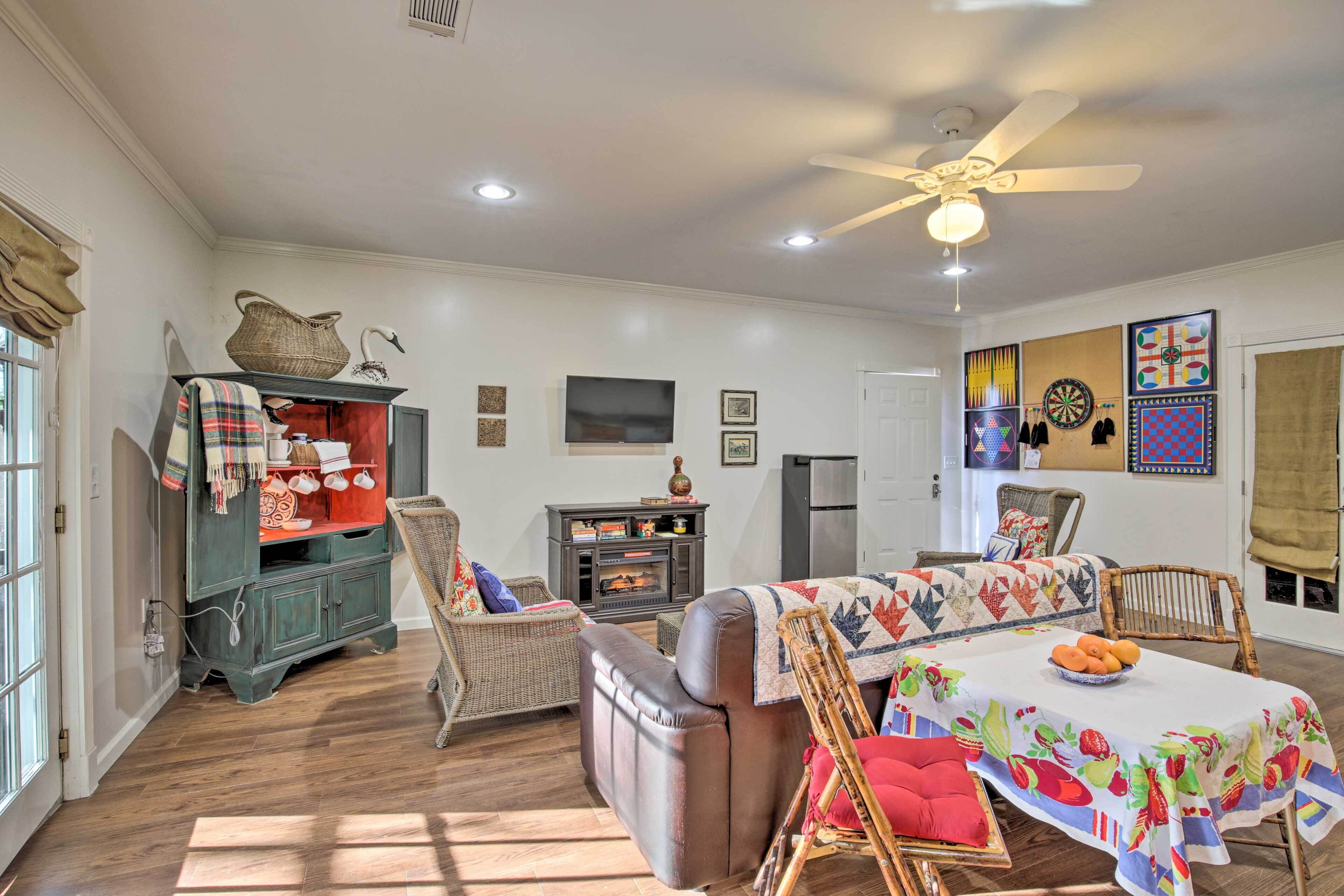TV, fireplace, books