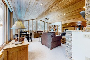 TV, fireplace, DVD player, books