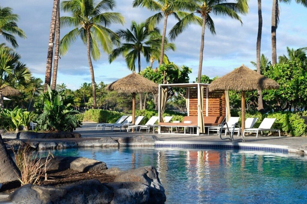 A pool area with lounge chairs, a wooden structure, and palm trees.