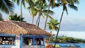 Une petite cabane au bord de la plage, avec un toit de chaume, une enseigne publicitaire pour des sports nautiques, et une vue sur la plage, avec des palmiers et un bateau.