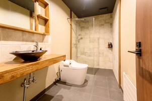 Shower, free toiletries, hair dryer, slippers
