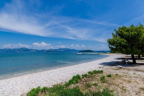 A pebble beach with clear water, a bench, and a tree. - Apartments Glavor (Janjina)