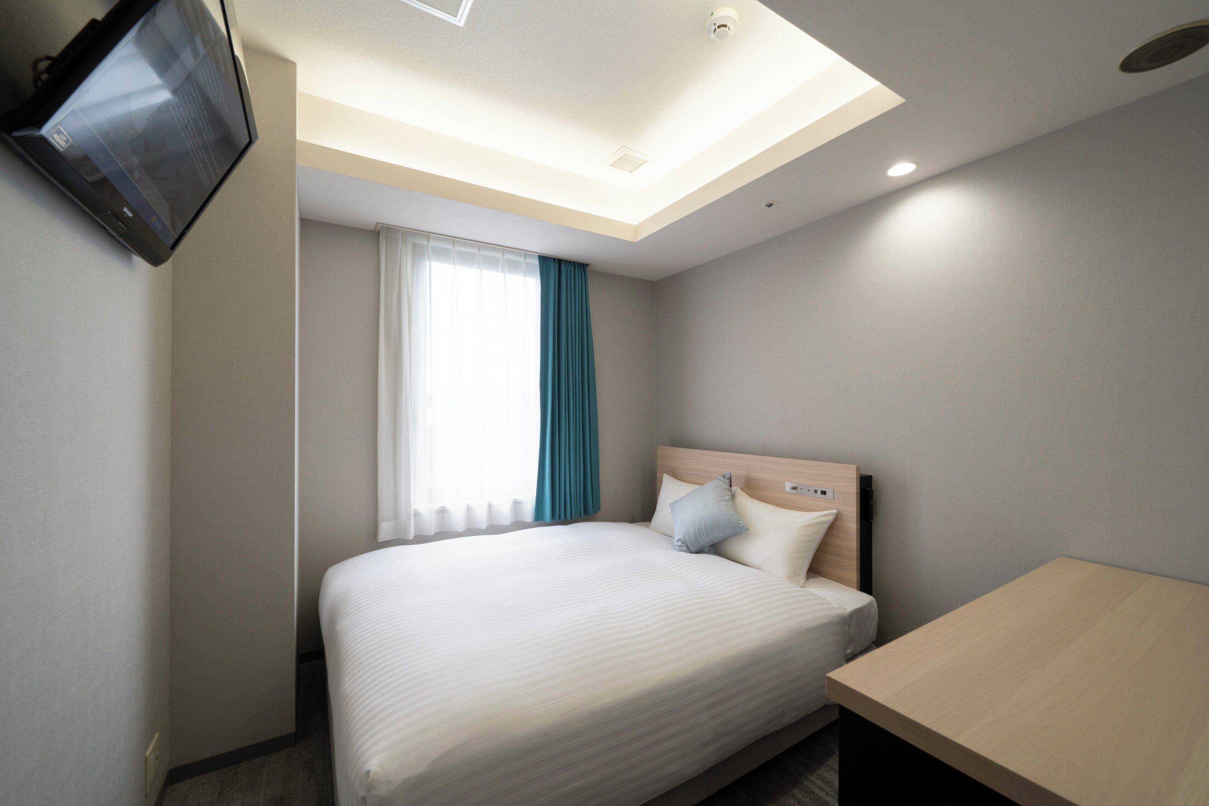 A hotel room with a bed, a desk, a television mounted on the wall, and a skylight above the bed.