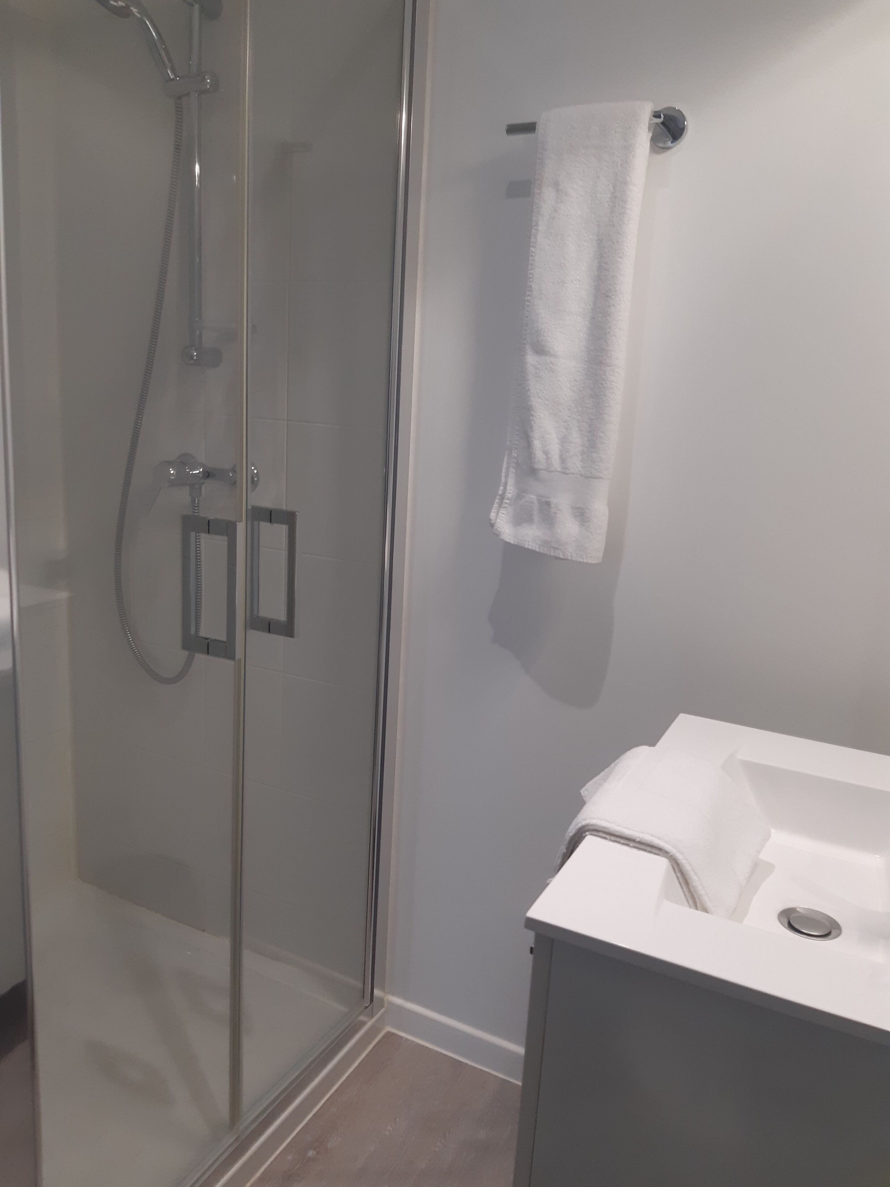 standard double room | bathroom | shower, free toiletries, hair dryer, towels