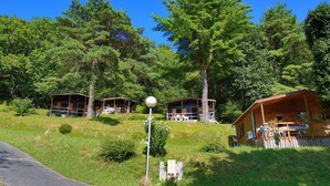 Un área de alojamiento tipo cabaña con varias cabañas de madera rodeadas de un bosque denso.