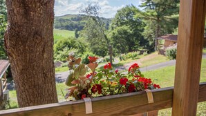 Una barandilla de madera con una jardinera que contiene flores rojas y blancas, un tronco de árbol y una vista de un paisaje verde con casas al fondo.