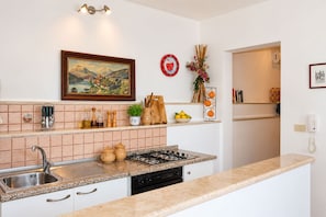 A modern kitchen with a gas stove, sink, and a painting above the counter.