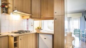 A compact kitchen with wooden cabinets, a gas stove, and a built-in dishwasher.