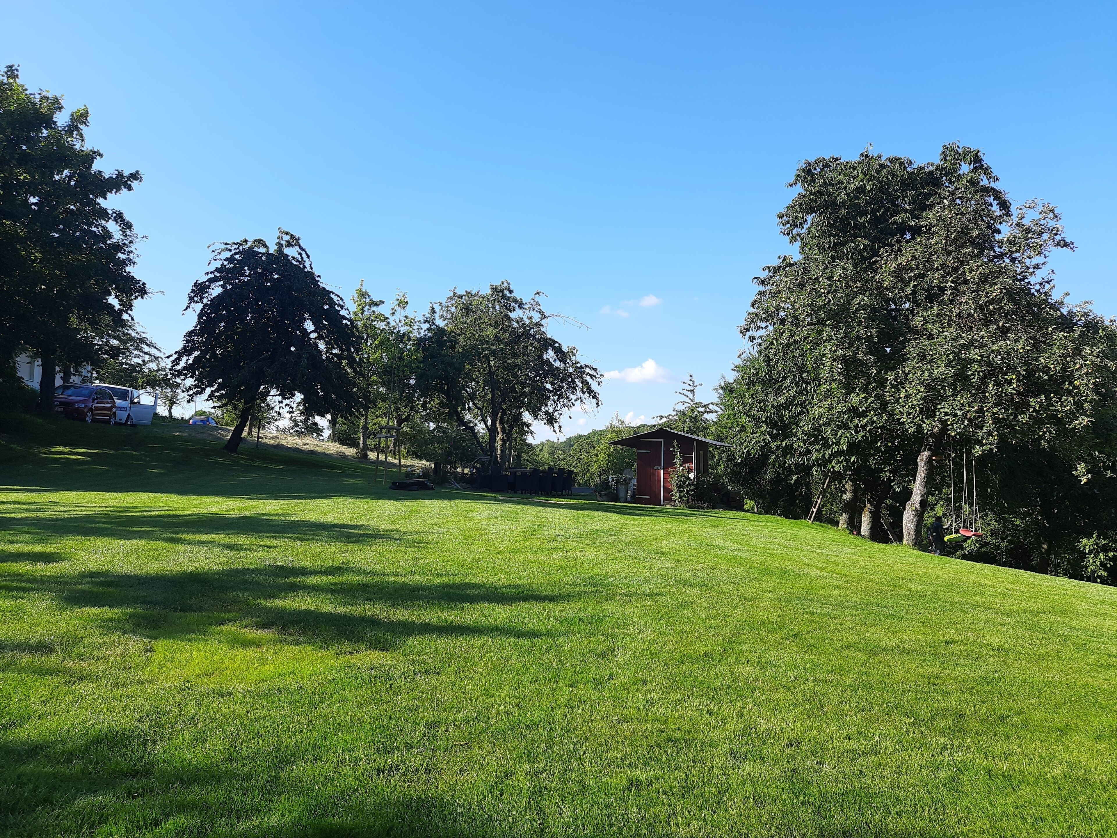 A grassy area with a small red building, trees, and parked cars.