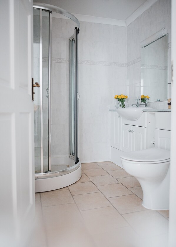 A modern bathroom with a glass shower enclosure, a white sink, and a toilet. - Number Seven (Newquay)
