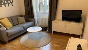 A living room with a grey sofa, a round coffee table, a TV on a cabinet, and a small potted plant. - Comfort and calm in the heart of Annecy (30m2 hyper center) (Annecy)