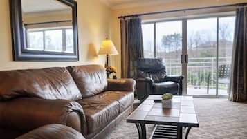 Flatskjerm-TV, peis, DVD-spiller og filmbibliotek