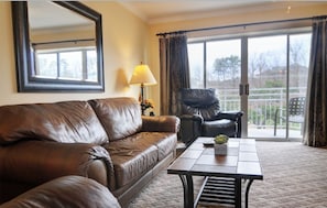 Flatskjerm-TV, peis, DVD-spiller og filmbibliotek