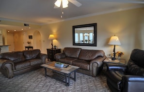 Flat-screen TV, fireplace, DVD player, video library