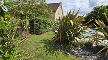 Un jardín con piscina, una casa y diversas plantas.