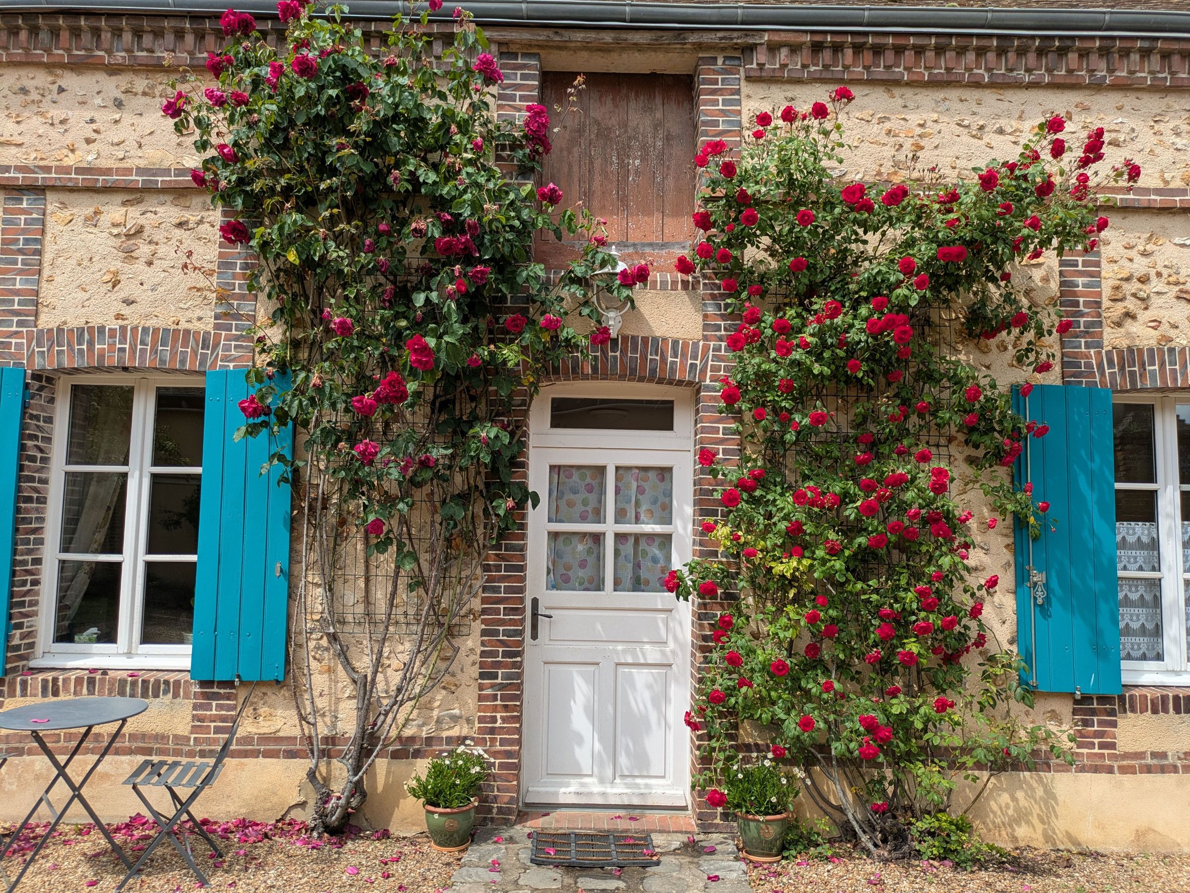 A building with a brick facade, a white door, and blue shutters.