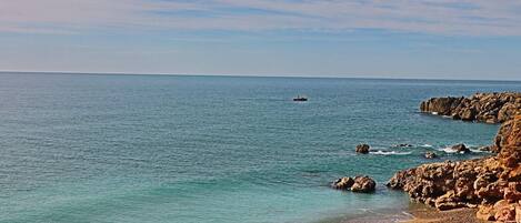 A coastal landscape with a rocky shoreline, calm sea, and a distant boat.