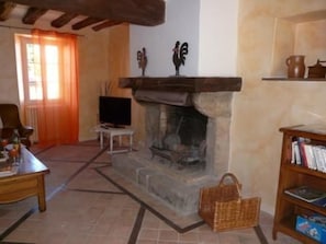 Ein gemütliches Wohnzimmer mit Kamin, Fernseher und Bücherregal.
