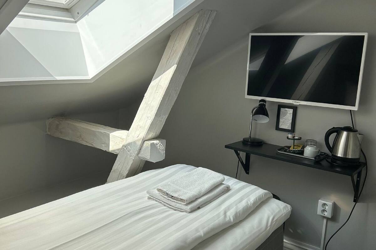 Un dormitorio con tragaluz, una cama, un televisor y un pequeño estante con un hervidor.