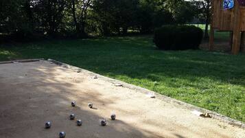 A shuffleboard table with pucks in a grassy area, a wooden shed, and trees in the background.