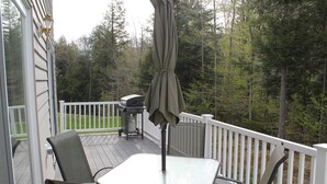 Eine überdachte Terrasse im Freien mit Tisch, Stühlen, einem Grill und Blick auf ein bewaldetes Gebiet.