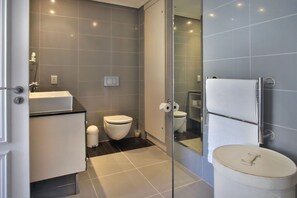 Une salle de bain moderne avec une douche à parois de verre, un lavabo blanc et des toilettes.