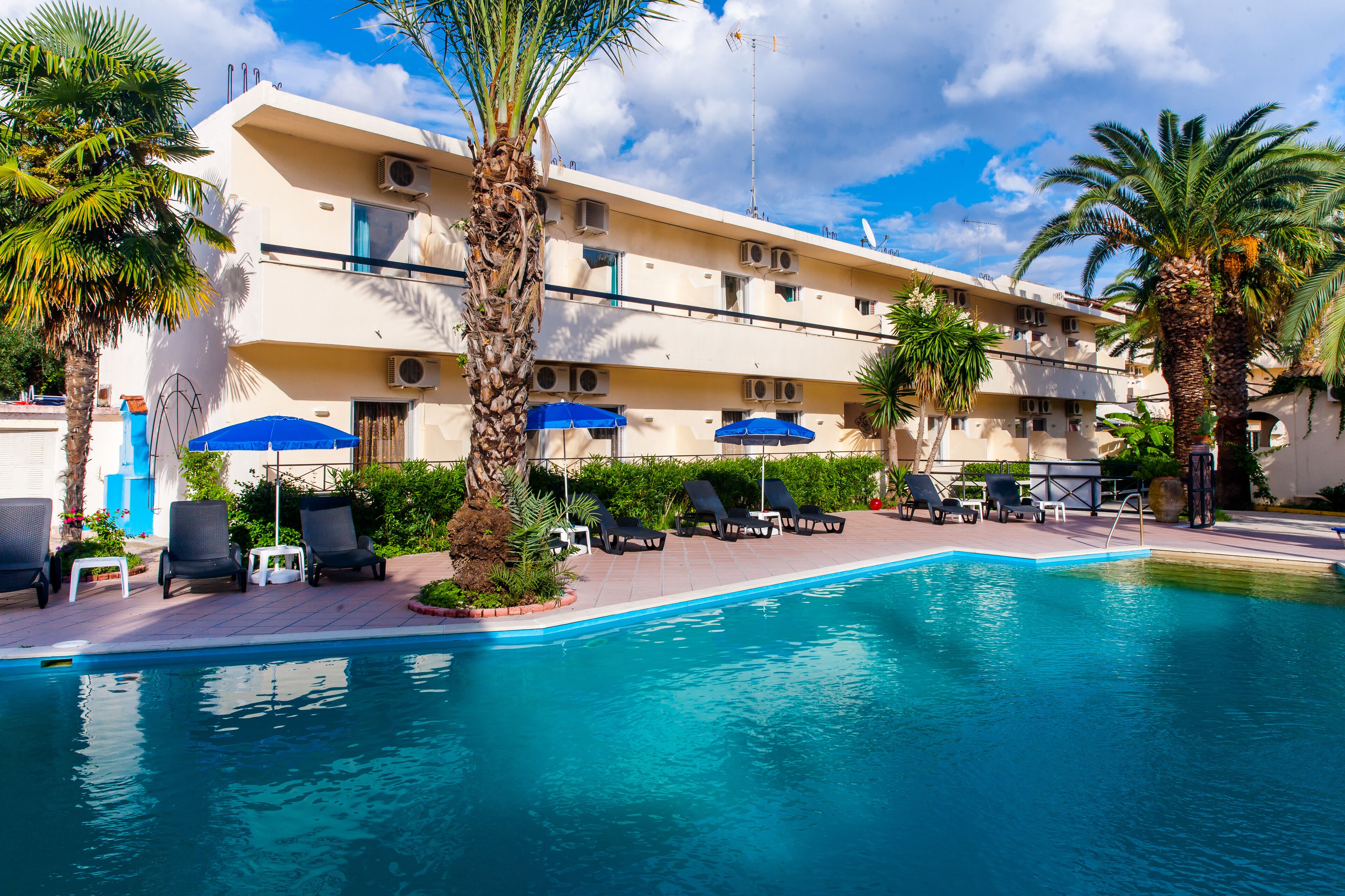 A hotel with a swimming pool, lounge chairs, and palm trees.