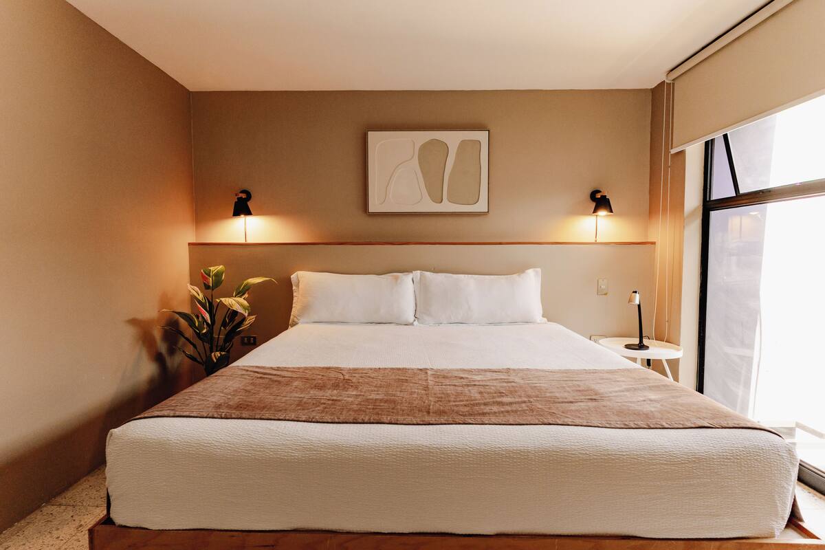 A hotel room with a large bed, two bedside lamps, a nightstand, a potted plant, and a window.