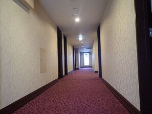 Guest rooms and amenities are accessible from this hotel corridor.