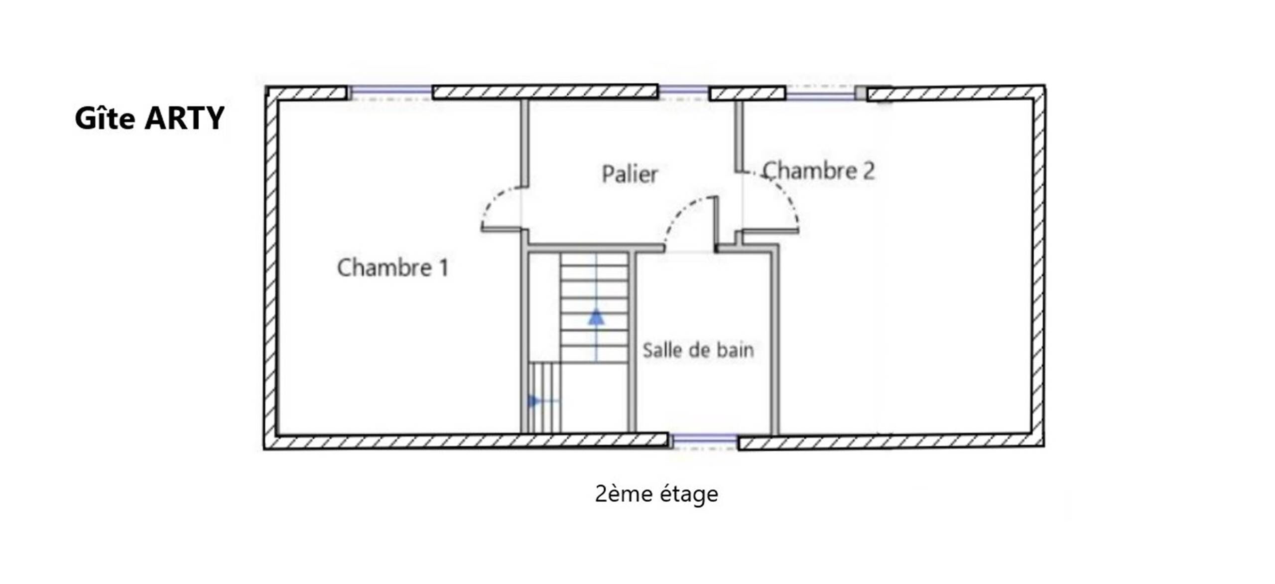 A floor plan of a hotel named Gîte ARTY, featuring two bedrooms, a bathroom, a living room, and a kitchen.