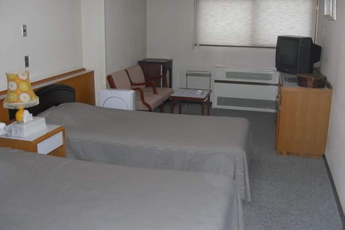 A hotel room with two beds, a desk with a lamp, a chair, a television, and a radiator.