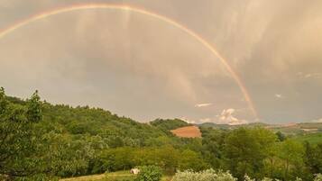 Un paysage verdoyant et luxuriant, avec un arc-en-ciel qui s’étend au-dessus d’une vallée.