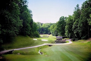 Un campo da golf con uno stagno, un ponte e un padiglione.