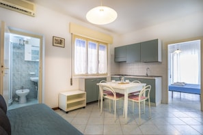 A compact room with a bed, a small table with chairs, a kitchenette, and a bathroom with a shower and sink.